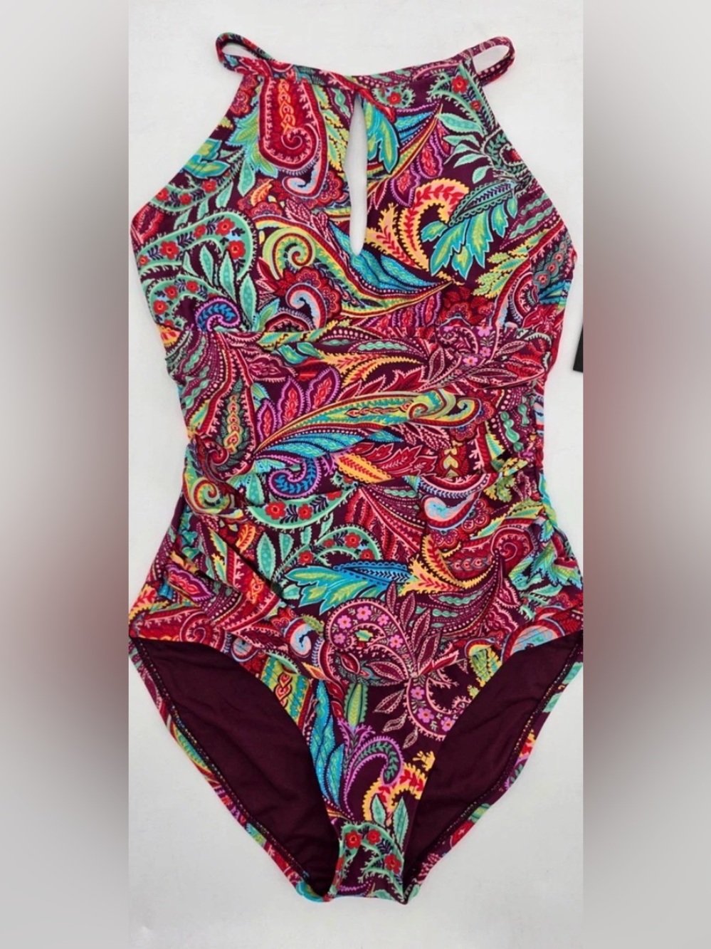 Ellen Tracy Women's Paisley One Piece High Neck Keyhole Swimsuit NEW $98